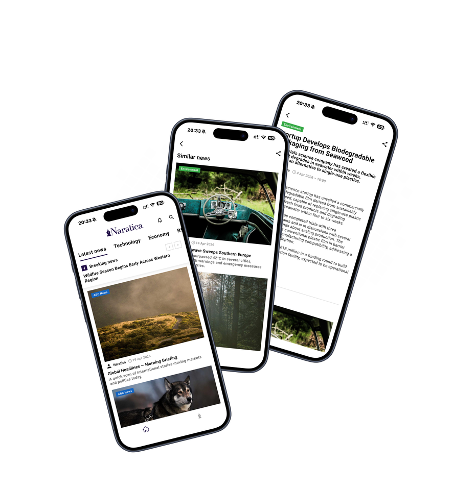 Naratica mobile app on three phones showing the news feed, similar stories, and article reading views