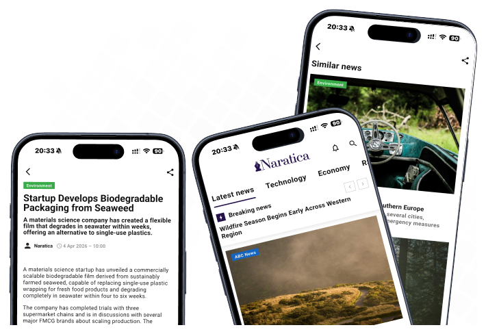 Naratica mobile app on three phones showing multilingual article reading, news feed, and related stories